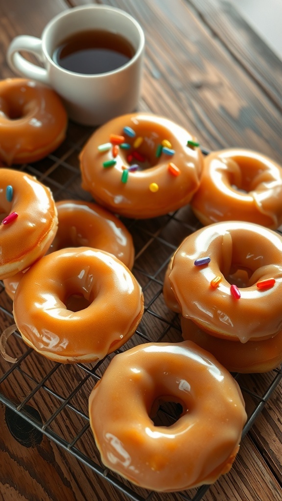 Freshly made glazed donuts with sprinkles on a wooden table next to a cup of coffee.